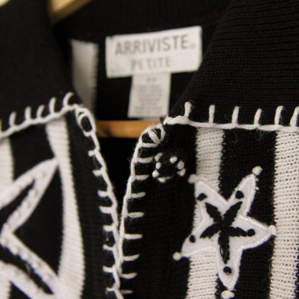 Vintage Button Knit Sweater Black White Stars Med - Picture 7 of 13